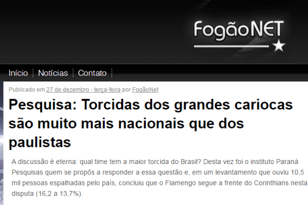 FogãoNet divulga pesquisa sobre a preferência dos Brasileiros com relação aos Times de Futebol