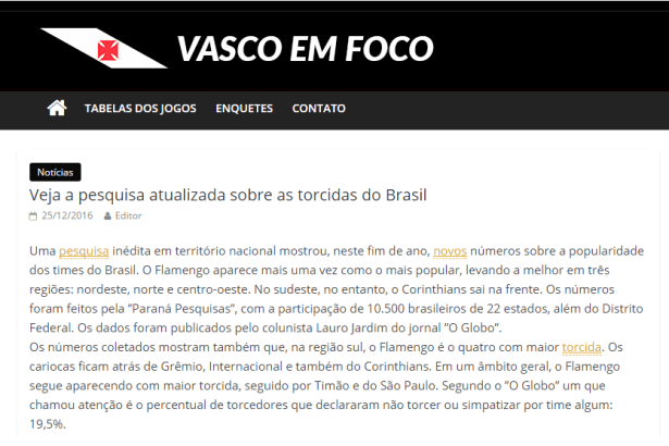 Vasco Em Foco divulga pesquisa sobre a preferência dos Brasileiros com relação aos Times de Futebol