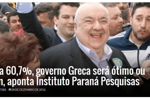 Site XV Curitiba divulga pesquisa sobre a popularidade do Prefeito eleito em Curitiba Rafael Greca