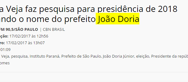 Rádio CBN divulga pesquisa com a opinião dos brasileiros sobre as eleições Presidencias em 2018