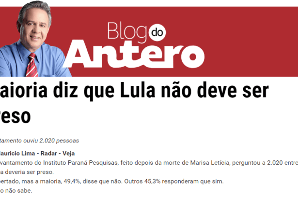 Blog Do Antero divulga pesquisa realizada pela Paraná Pesquisas com a opinião dos Brasileiros sobre o ex-Presidente Lula