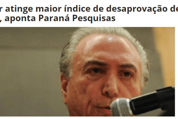Portal R3 News divulga pesquisa realizada pela Paraná Pesquisas sobre a popularidade do Presidente Michel Temer