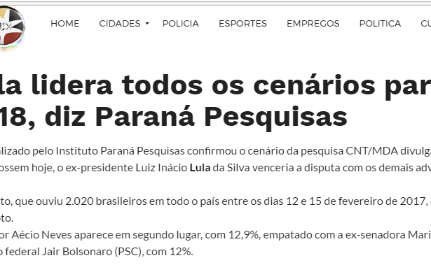 Site Candeias Mix divulga pesquisa com a opinião dos brasileiros sobre as eleições Presidências em 2018