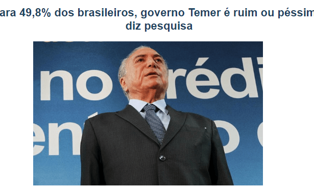 Portal Clipping CMH divulga pesquisa realizada pela Paraná Pesquisas sobre a popularidade do Presidente Michel Temer