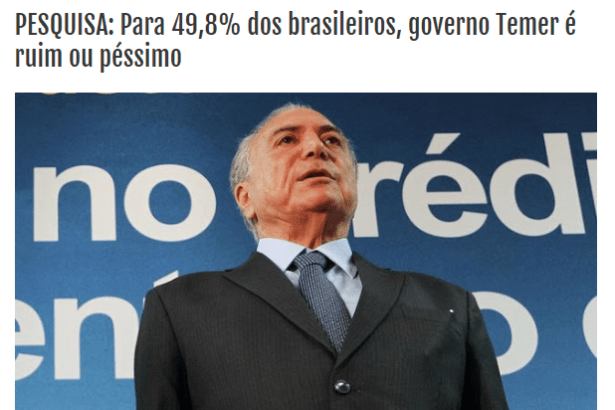 Blog Pederneiras De Fato divulga pesquisa realizada pela Paraná Pesquisas sobre a popularidade do Presidente Michel Temer