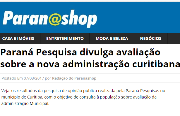 Paraná Shop divulga pesquisa sobre a avaliação da administração do Prefeito de Curitiba, Rafael Greca