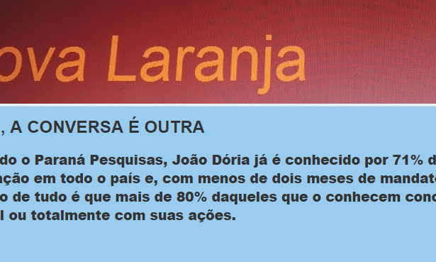 Blog Nova Laranja divulga pesquisa nacional realizada pela Paraná Pesquisas sobre o Prefeito João Doria da cidade de São Paulo