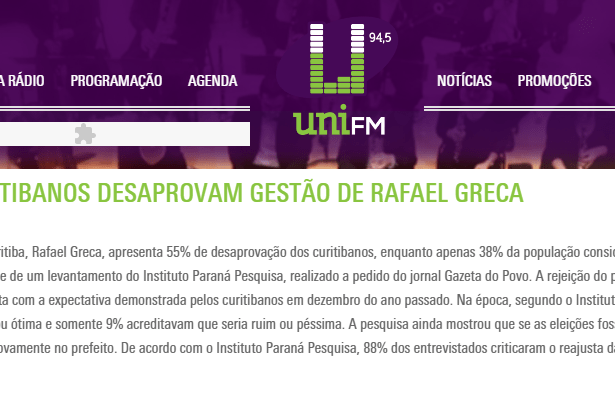 Rádio Unif FM divulga pesquisa sobre a avaliação da administração do Prefeito de Curitiba, Rafael Greca