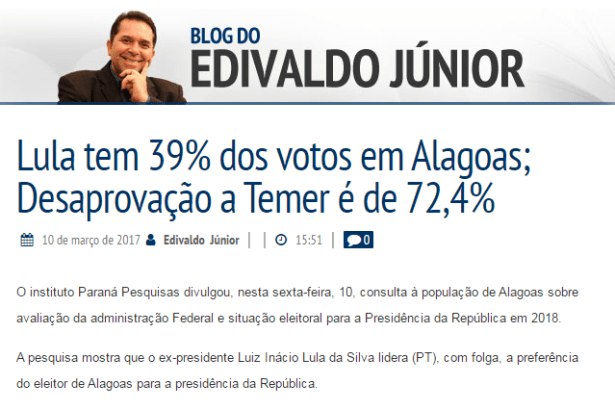 Blog Edivaldo Júnior divulga pesquisa realizado no Estado de Alagoas sobre a popularidade do Presidente Michel Temer