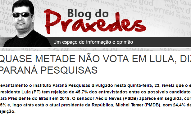 Blog Do Praxedes divulga pesquisa realizada pela Paraná Pesquisas com a opinião dos Brasileiros sobre o ex-Presidente Lula