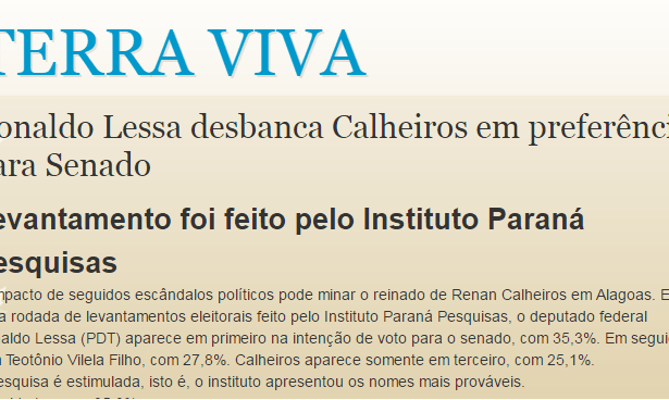 Blog Terra Viva divulga pesquisa realizado no Estado de Alagoas sobre a disputa eleitoral para o Senado Federal