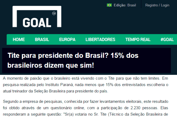 Site Goal.com divulga pesquisa sobre uma possível candidatura do Técnico Tite a Presidente do Brasil