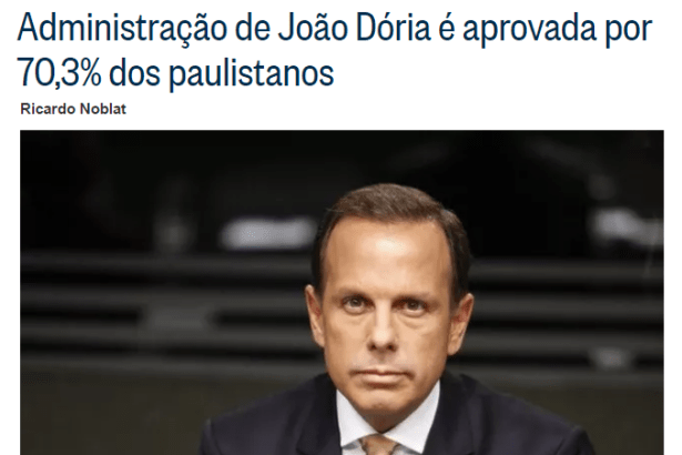 O Globo - Blog do Noblat divulga pesquisa realizada no município de São Paulo sobre a popularidade do Prefeito João Doria