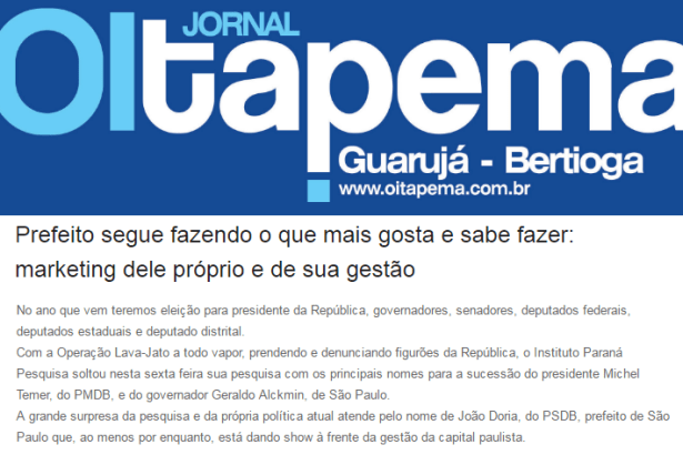 Jornal O Itapema divulga pesquisa realizada no município de São Paulo sobre a popularidade do Prefeito João Doria