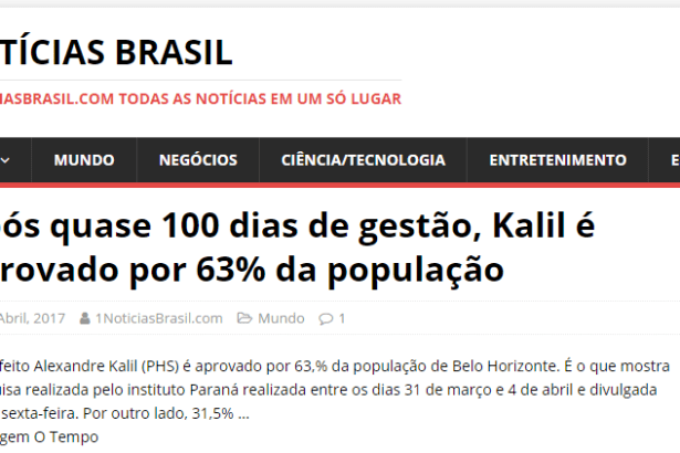 Portal Notícias Brasil divulga pesquisa realizada no Município de Belo Horizonte sobre a popularidade do Prefeito Alexandre Kalil