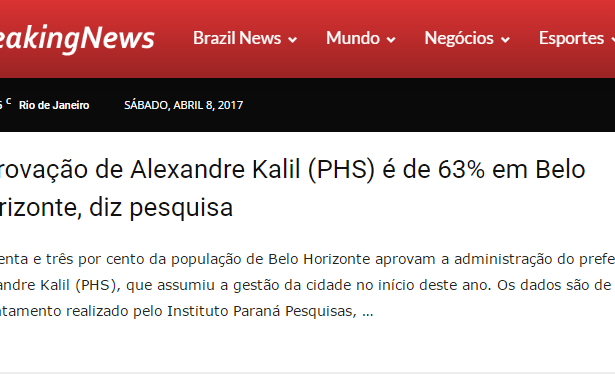 Portal Breaking News divulga pesquisa realizada no Município de Belo Horizonte sobre a popularidade do Prefeito Alexandre Kalil