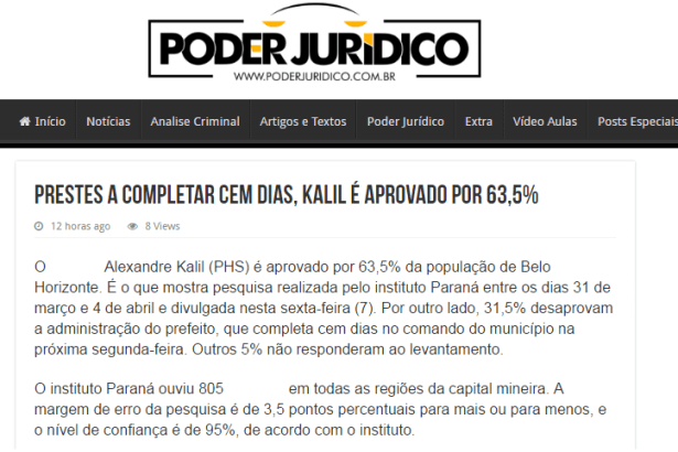 Portal Poder Jurídico divulga pesquisa realizada no Município de Belo Horizonte sobre a popularidade do Prefeito Alexandre Kalil