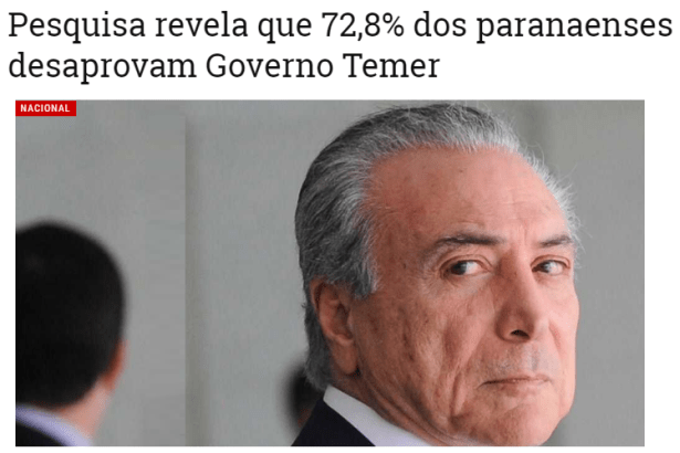 Portal AN6 divulga pesquisa realizada no Estado do Paraná sobre a popularidade do Presidente Michel Temer