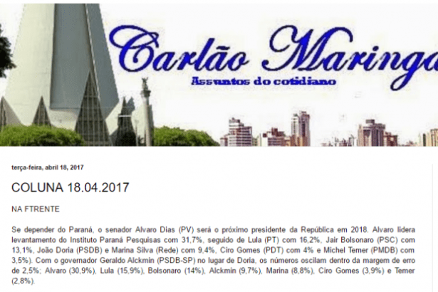 Blog Carlão Maringá divulga pesquisa realizada no Estado do Paraná sobre a disputa eleitoral para Presidente do Brasil