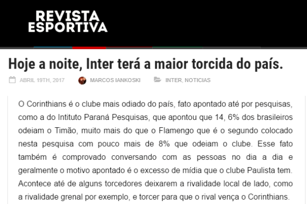 Portal Revista Esportiva comenta em matéria pesquisa realizada pela Paraná Pesquisas sobre os times de futebol