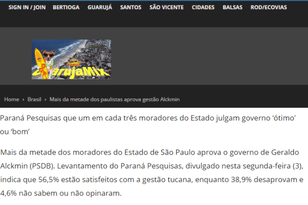 Portal Guaruja Mix divulga pesquisa realizada em São Paulo sobre a popularidade do Governador Geraldo Alckmin