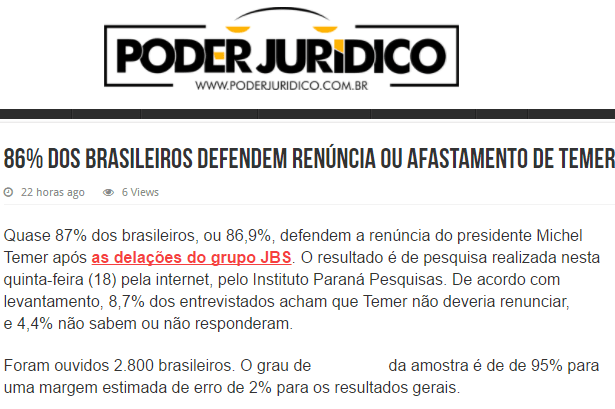 Poder Jurídico divulga pesquisa nacional realizado na Web pela Paraná Pesquisas sobre o Presidente Michel Temer