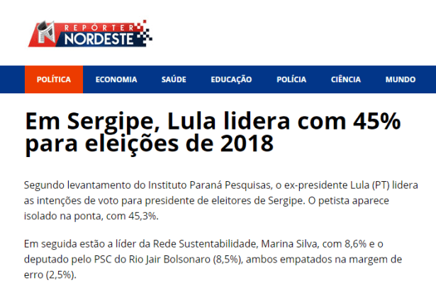 Repórter Nordeste divulga pesquisa realizada no Estado do Sergipe sobre a disputa eleitoral para Presidente do Brasil