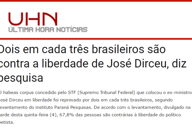 Última Hora Notícias divulga pesquisa nacional realizada na Web sobre a decisão do STF em conceder a liberdade à José Dirceu