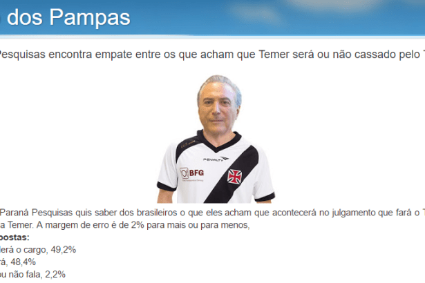 Vindo Dos Pampas divulga pesquisa nacional realizada pela Paraná Pesquisas sobre o Presidente Michel Temer