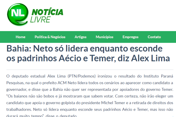 Notícia Livre cita pesquisa realizada pela Paraná Pesquisas sobre a disputa eleitoral no Estado da Bahia