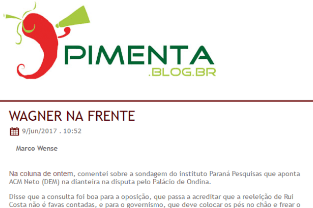 Blog Pimenta cita pesquisa realizada no Estado da Bahia sobre a disputa eleitoral para Senador do Estado