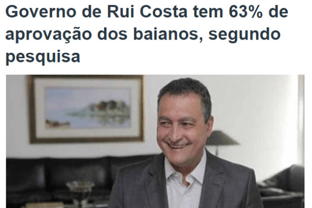 Portal VR14 divulga pesquisa realizada na Bahia pela Paraná Pesquisas sobre a popularidade do Governador Rui Costa