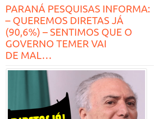 Blog JF Clipping divulga pesquisa nacional realizada pela Paraná Pesquisas com a opinião dos Brasileiros sobre eleições diretas