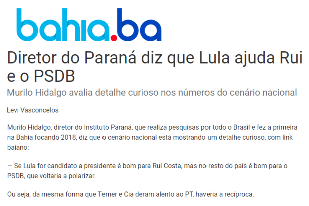 Portal Bahia.ba - Levi Vasconcelos divulga entrevista com o Diretor da Paraná Pesquisas, Murilo Hidalgo
