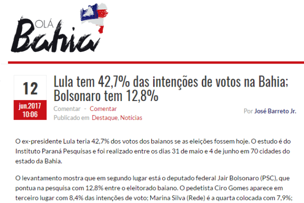 Portal Olá Bahia divulga pesquisa realizada no Estado da Bahia sobre a disputa eleitoral para Presidente do Brasil