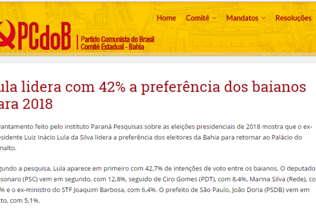 Portal PCdoB-BA.org.br divulga pesquisa realizada no Estado da Bahia sobre a disputa eleitoral para Presidente do Brasil