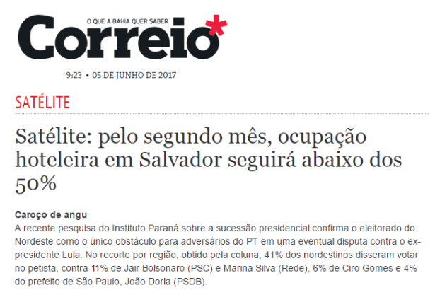 Correio 24 Horas cita pesquisa realizada pela Paraná Pesquisas sobre a disputa eleitoral para Presidente do Brasil