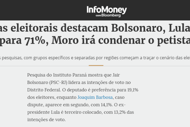 Portal Info Money divulga em matéria pesquisas realizada pela Paraná Pesquisas