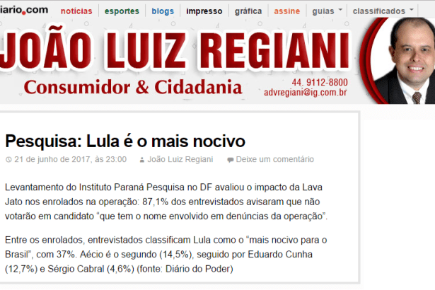Blog João Luiz Regiani divulga pesquisa realizada pela Paraná Pesquisas no Distrito Federal sobre a Operação Lava Jato
