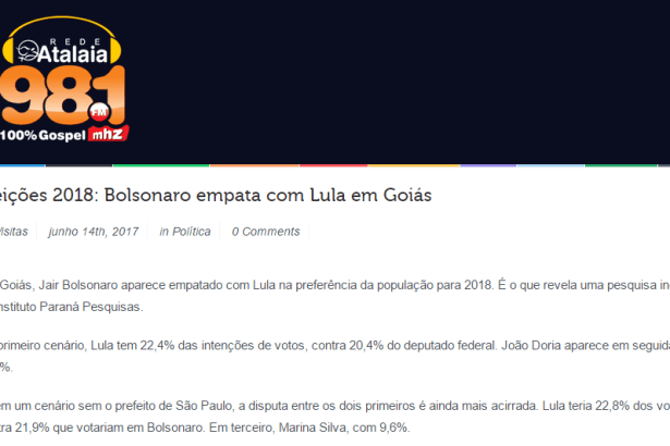 Rede Atalaia divulga pesquisa realizada no Estado de Goiás sobre a disputa eleitoral para Presidente do Brasil