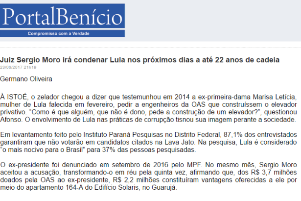 Portal Benício divulga pesquisa realizada pela Paraná Pesquisas com a opinião dos Brasileiros sobre o ex-Presidente Lula