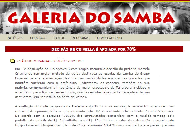 Galeria do Samba divulga pesquisa realizada no Município do Rio de janeiro sobre a redução dos gastos com Escolas de Samba