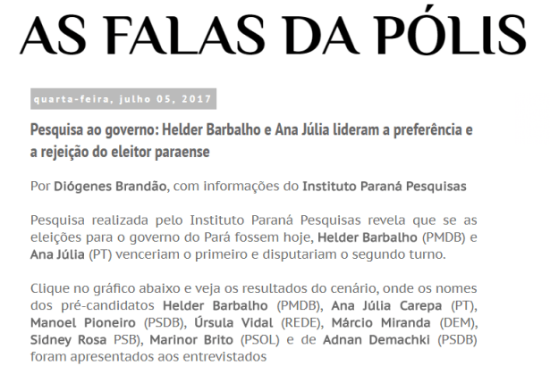 Blog As Falas da Pólis divulga pesquisa realizada no Estado do Pará sobre a disputa eleitoral para Governador do Estado