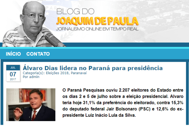 Blog do Joaquim de Paula divulga pesquisa realizada no Estado do Paraná sobre a popularidade do Presidente Michel Temer