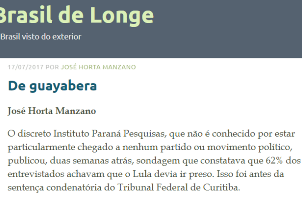 Brasil de Longe cita pesquisa nacional realizada pela Paraná Pesquisas sobre a condenação do ex-presidente Lula