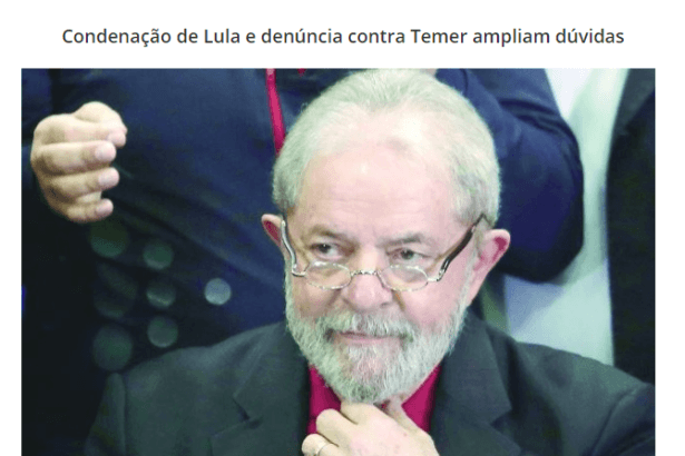 Top News cita pesquisa nacional realizada pela Paraná Pesquisas sobre a condenação do ex-presidente Lula