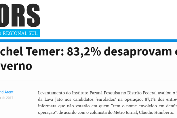 O Regional Sul divulga pesquisa realizado pela Paraná Pesquisas sobre a popularidade do Presidente Michel Temer