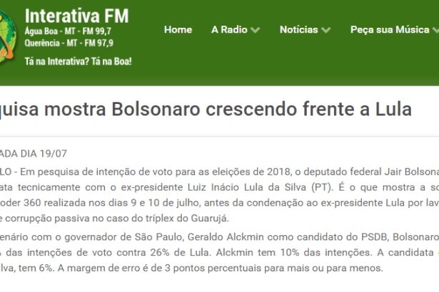 Rádio Interativa FM cita pesquisa realizada pela Paraná Pesquisas sobre a disputa eleitoral para Presidente