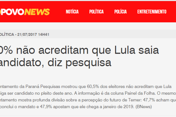O Povo News divulga pesquisa nacional realizado pela Paraná Pesquisas sobre o ex-presidente Lula e as eleições de 2018