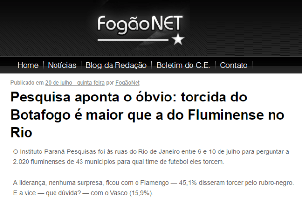 Portal Fogão Net divulga pesquisa realizada no Rio de Janeiro sobre a preferência dos cariocas com os times de futebol